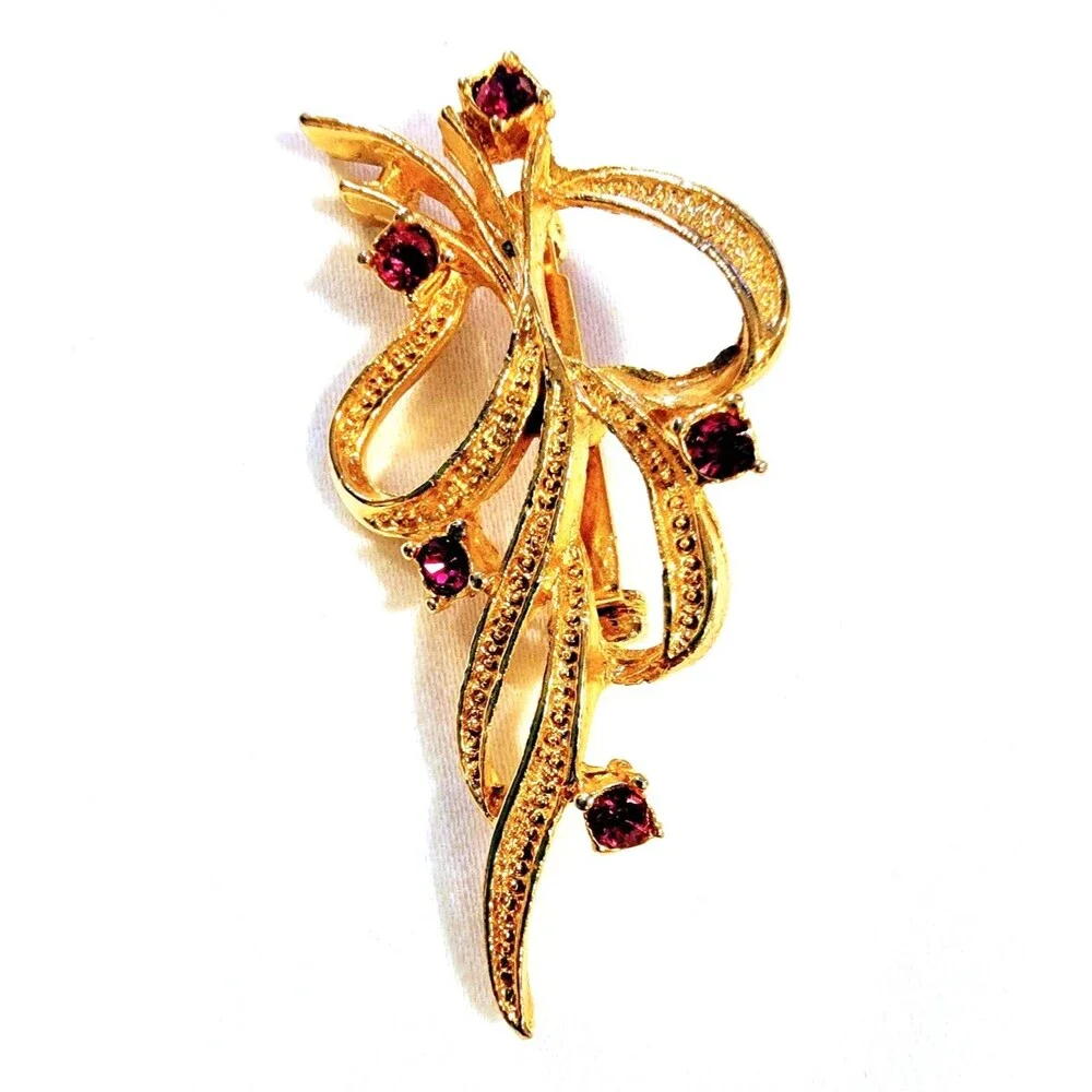 VTG Christmas Gerry's Gold Tone Ribbon Brooch Pin Jeweled Rhinestones 2